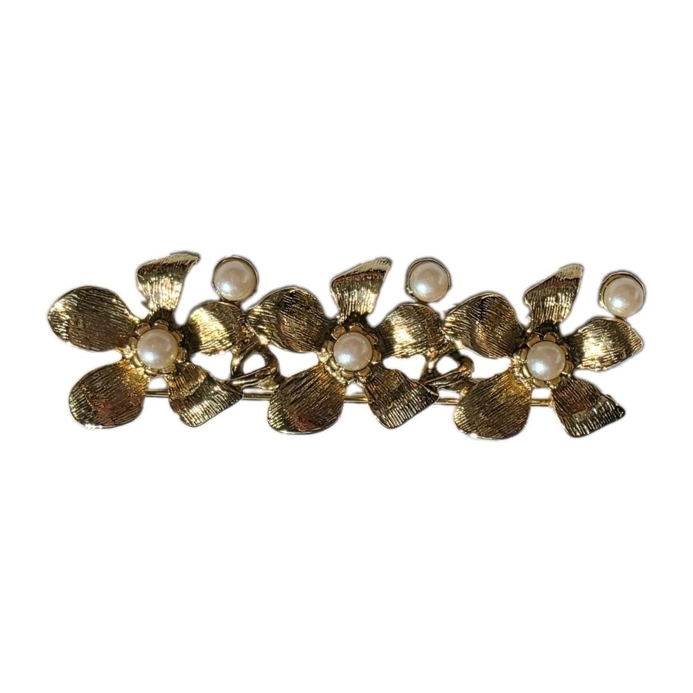 Vintage Gold Tone Floral Brooch Faux Pearl Flower Bar Pin Costume Jewelry